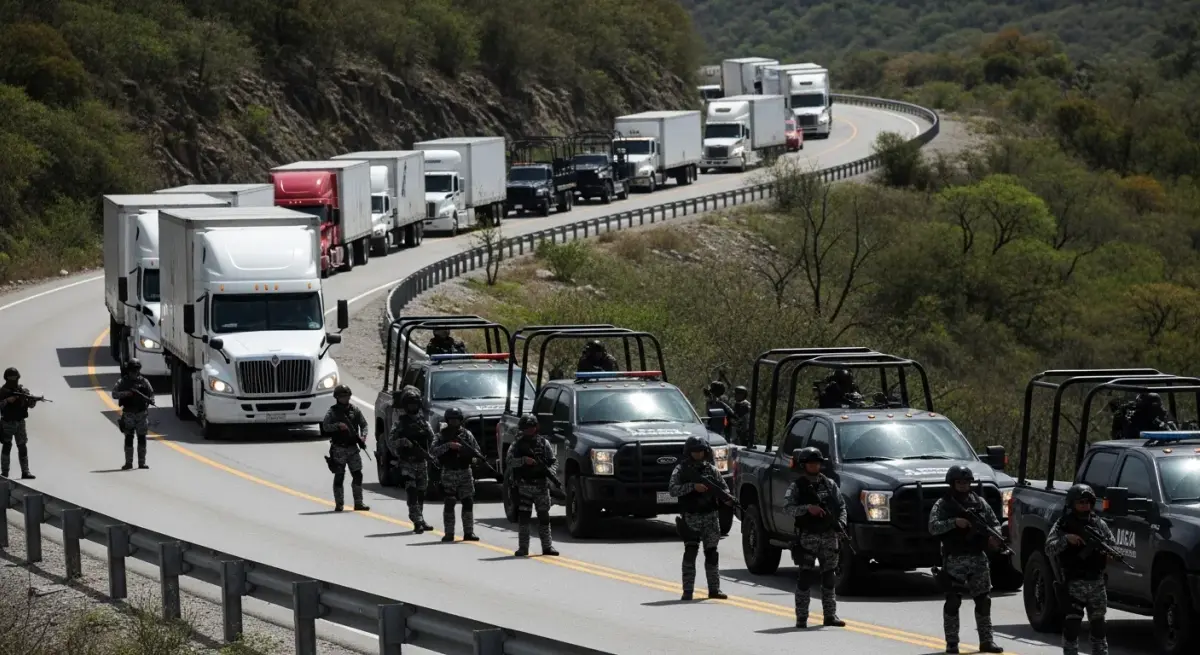 Camión de carga en carretera mexicana y reten de seguridad