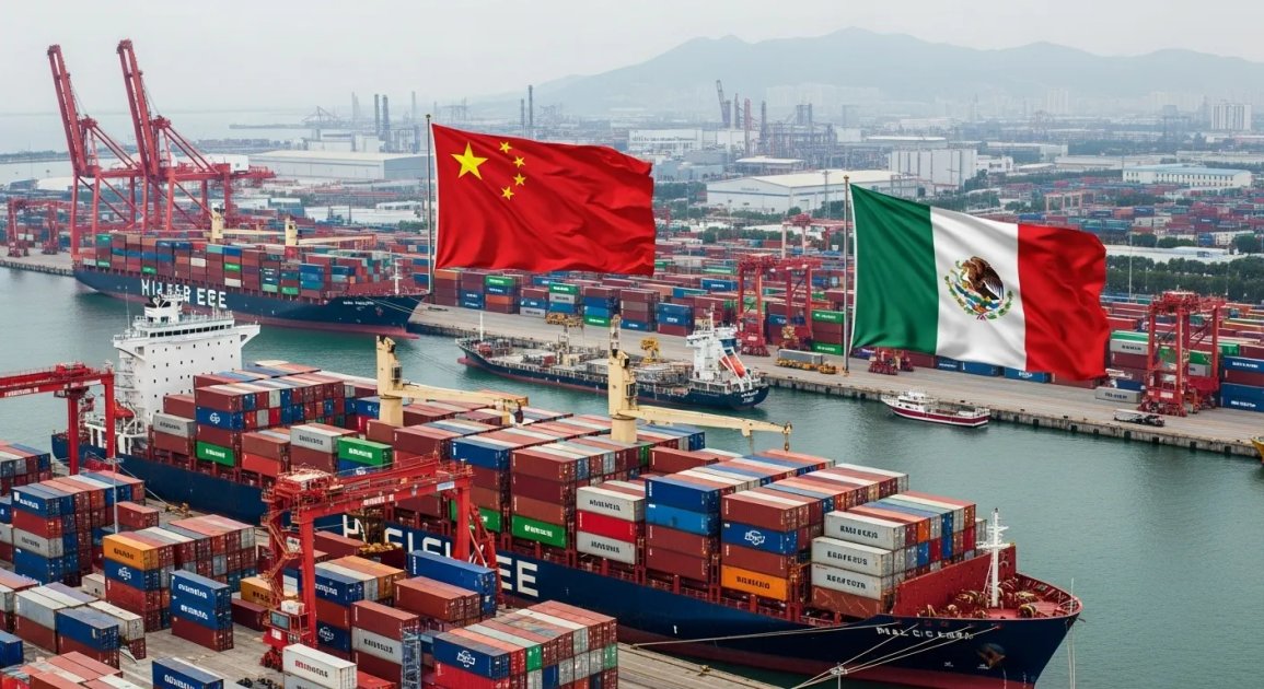 Relación comercial México y China, buque con contenedores y banderas de ambos países