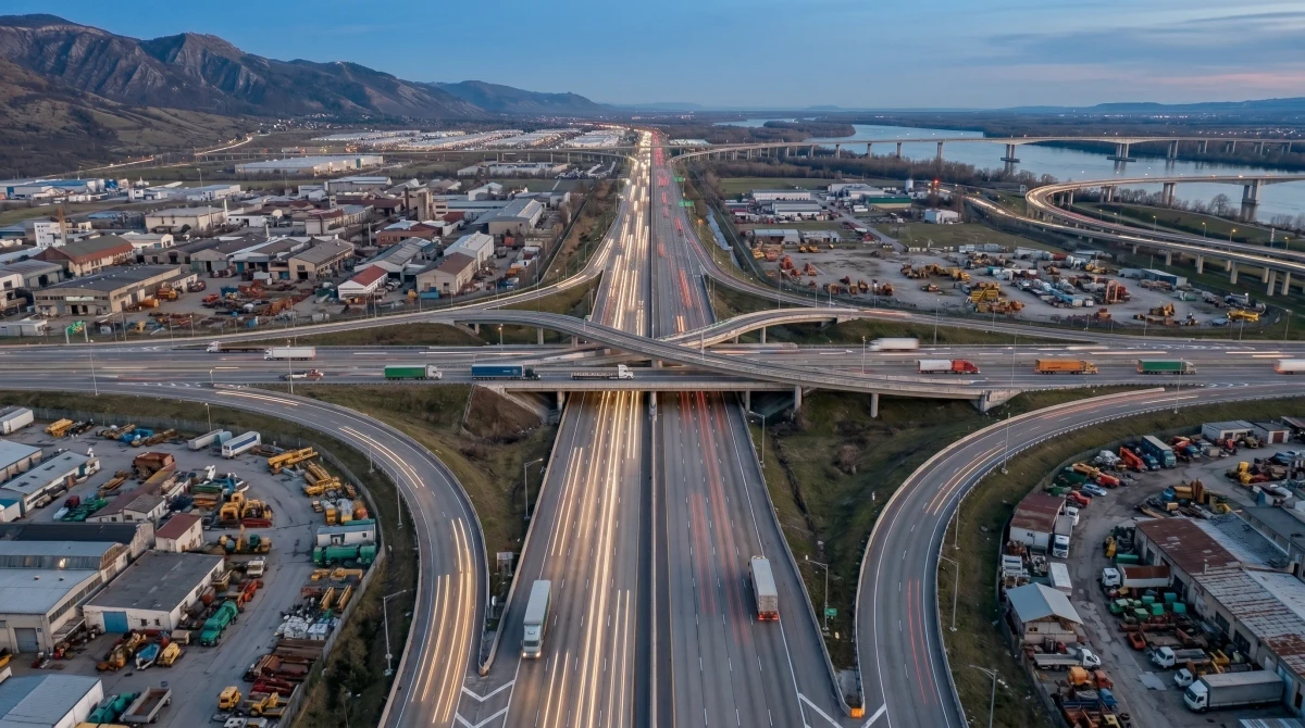 Vista aérea de corredor logístico con tráfico de transporte de carga