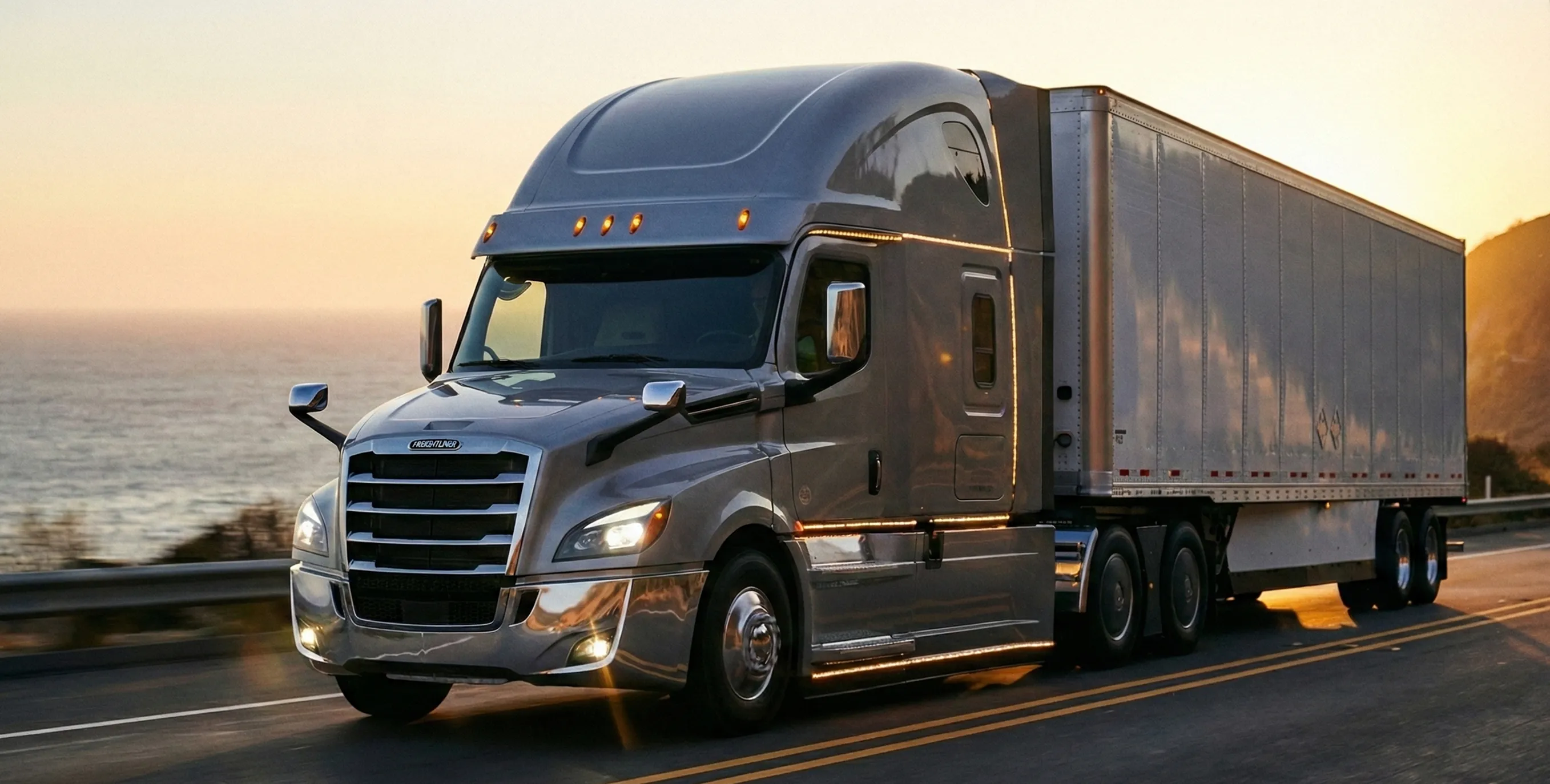 Weißer Freightliner Cascadia Sattelzug mit 53-Fuß-Anhänger als Symbol für den FTL-Markt