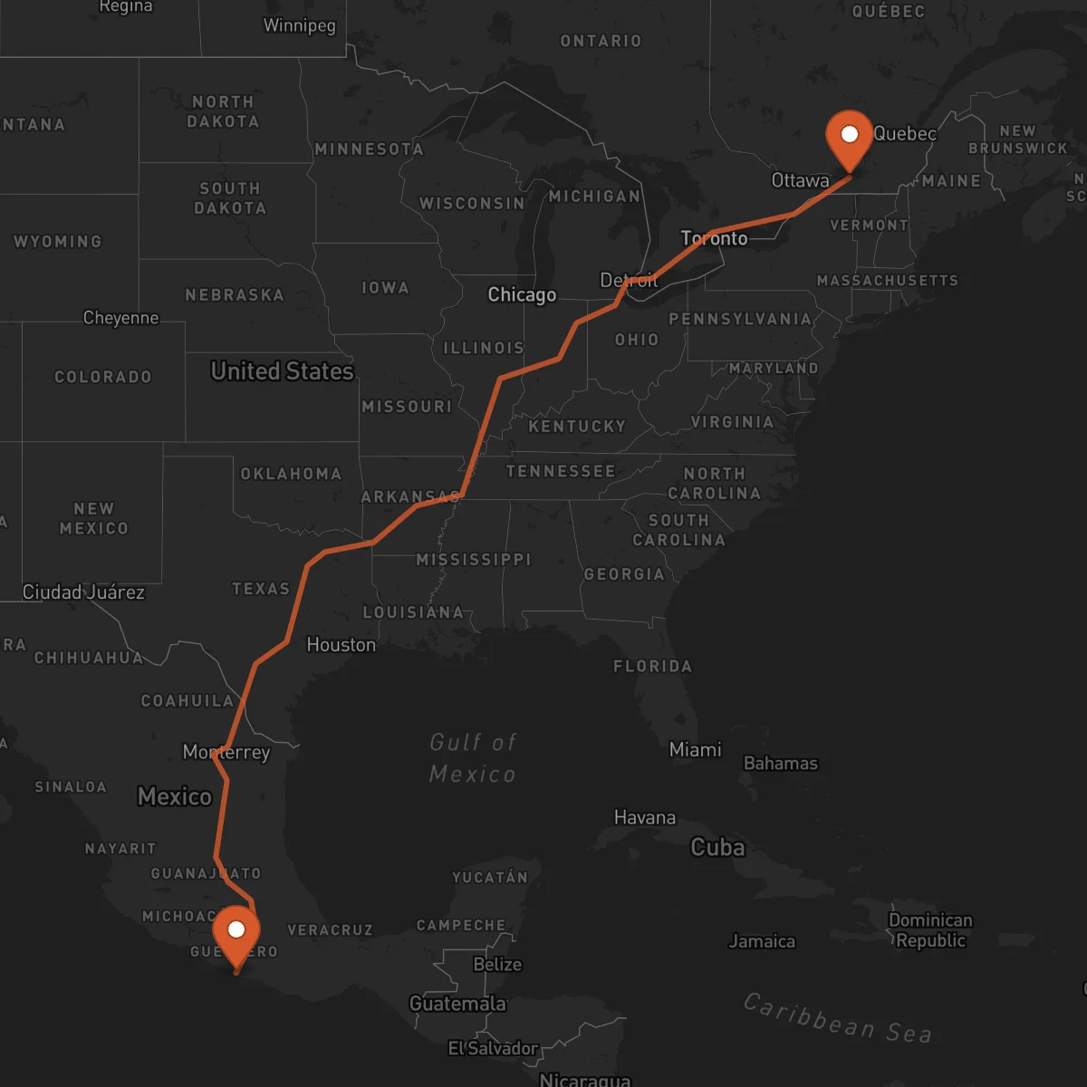 Ruta Montreal - Acapulco