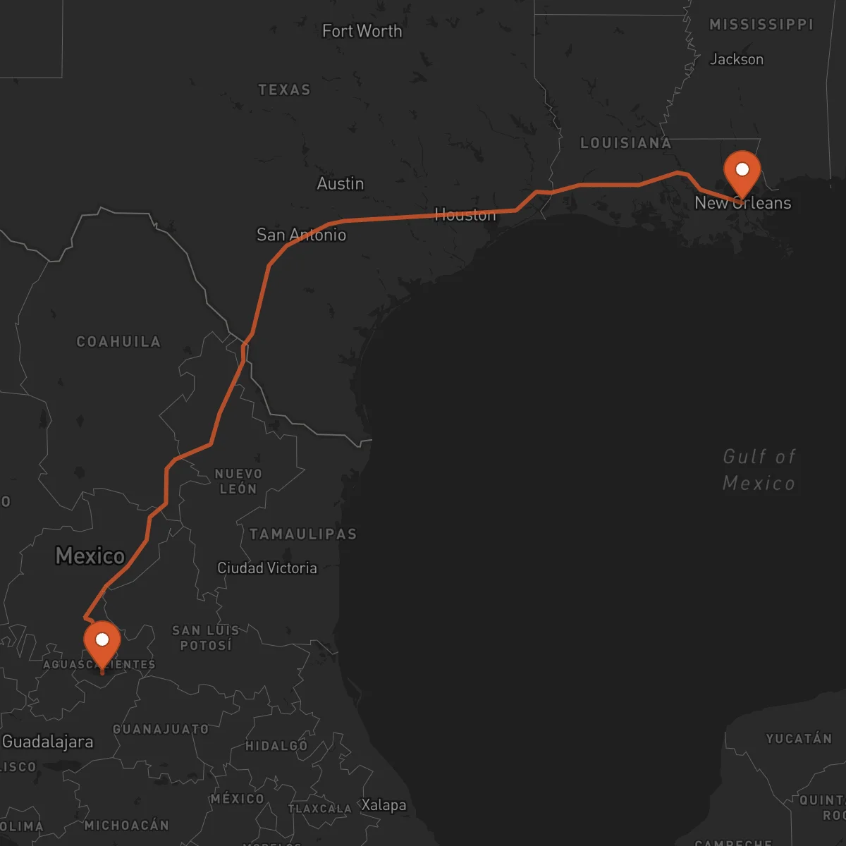 Ruta New Orleans - Aguascalientes