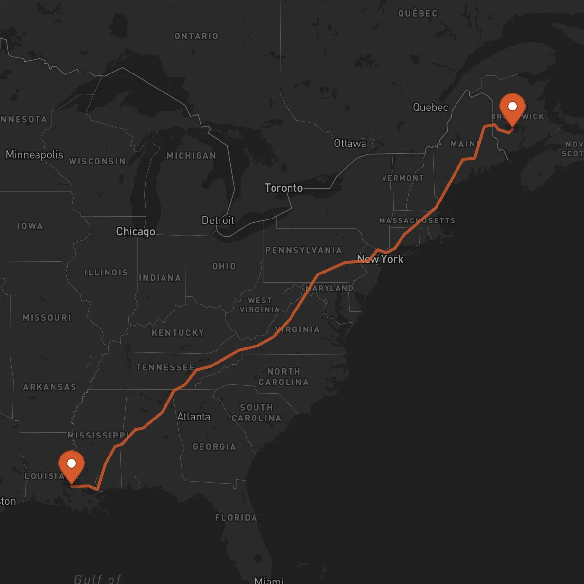 Ruta Fredericton - Baton Rouge