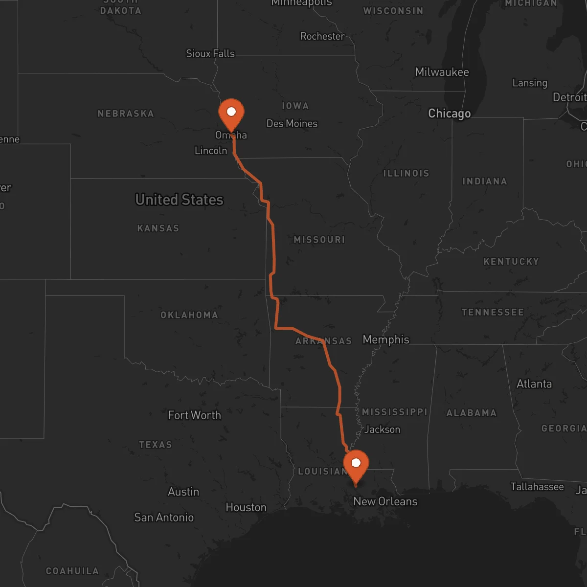 Ruta Baton-Rouge - Omaha