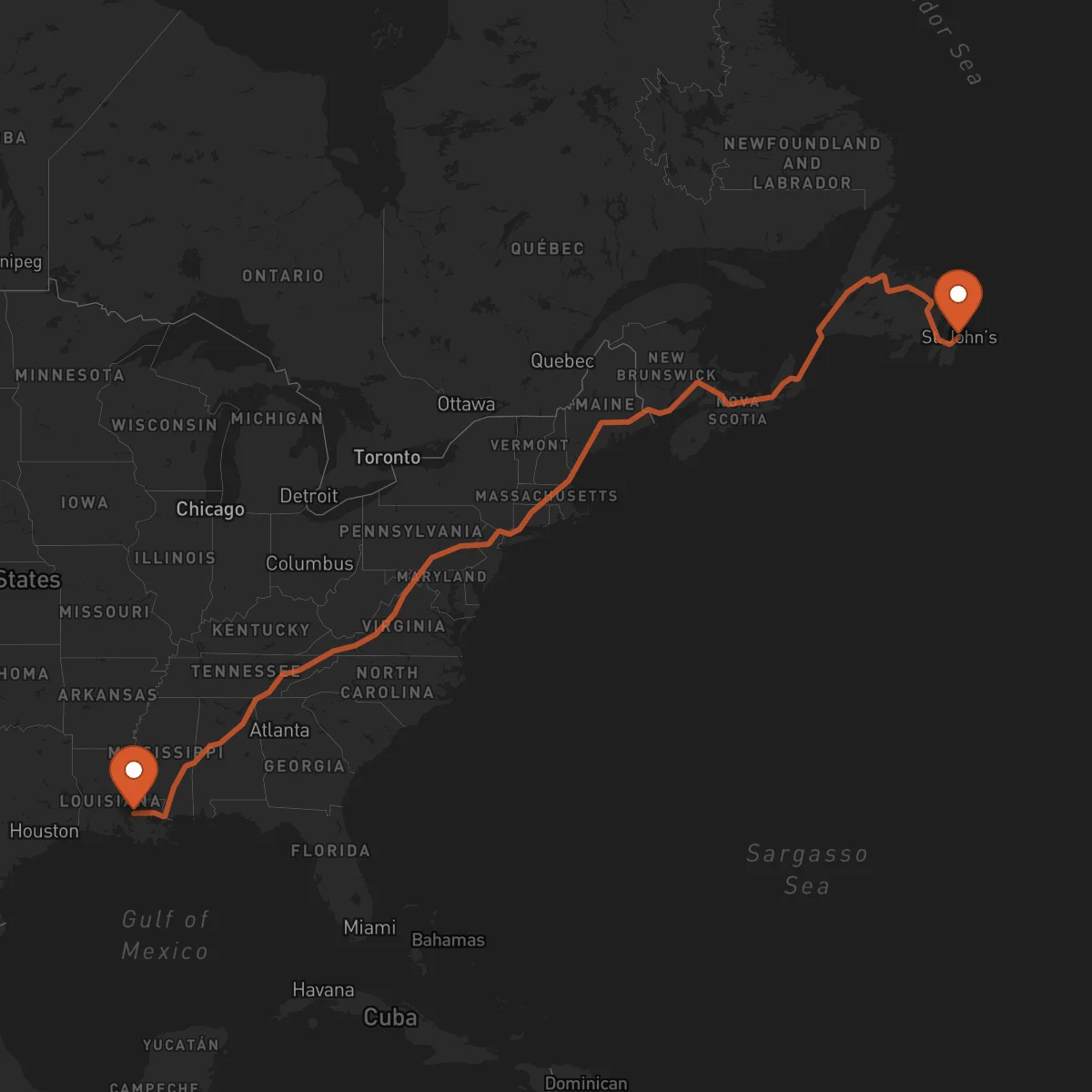 Ruta San Juan de Terranova (St. John's) - Baton Rouge