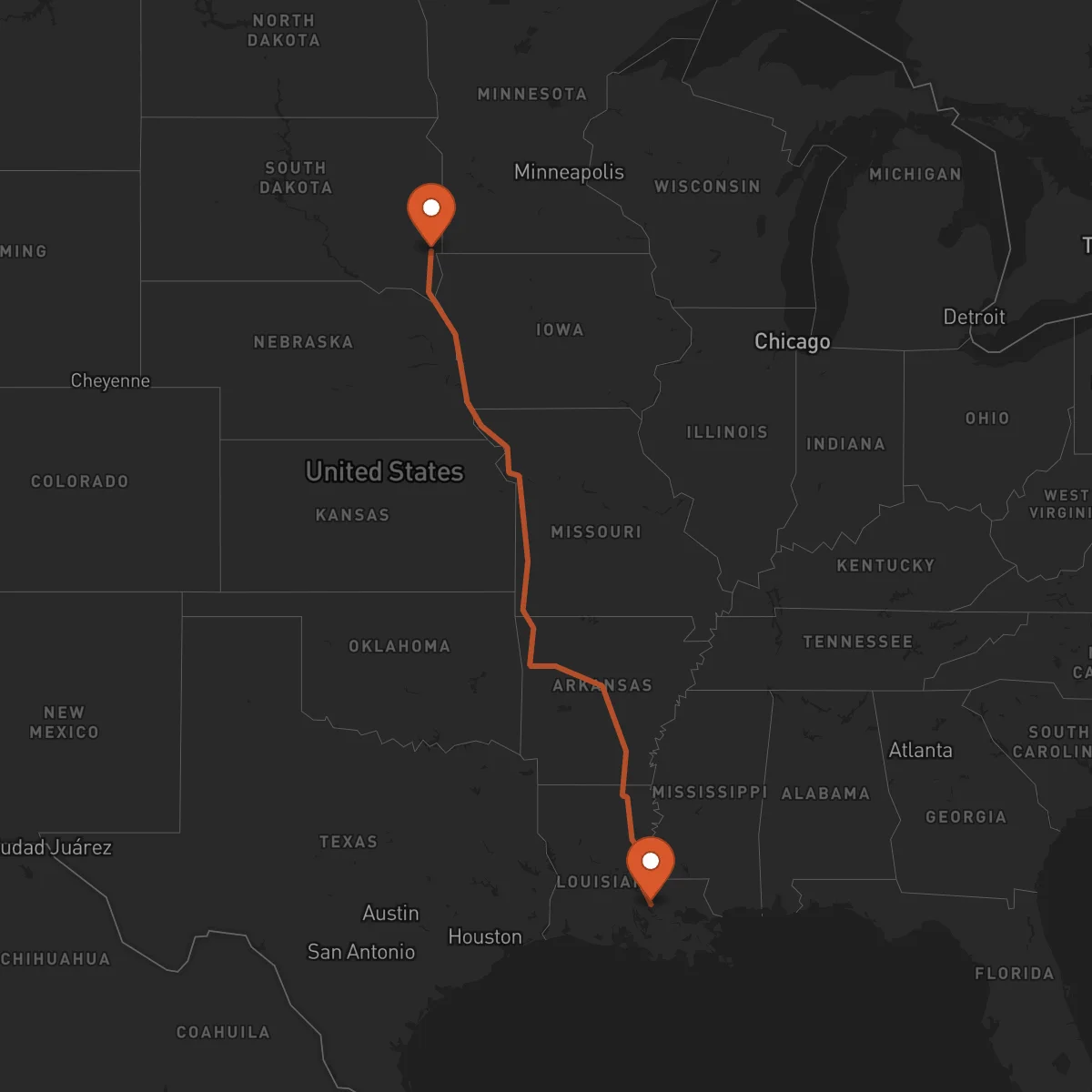 Ruta Sioux Falls - Baton-Rouge