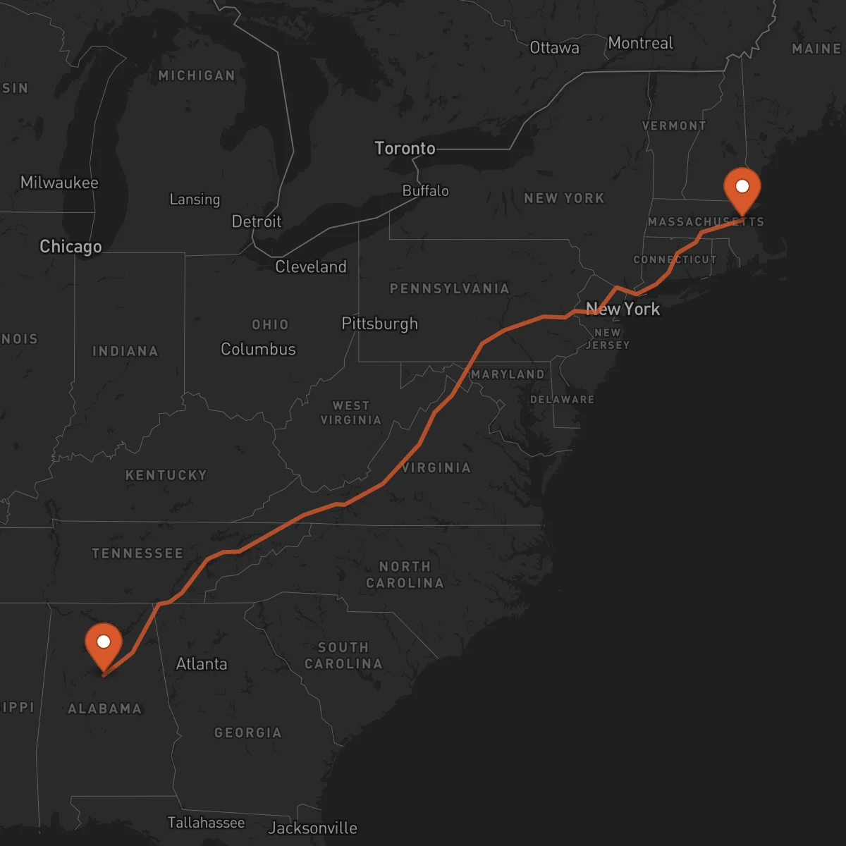 Ruta Boston - Birmingham