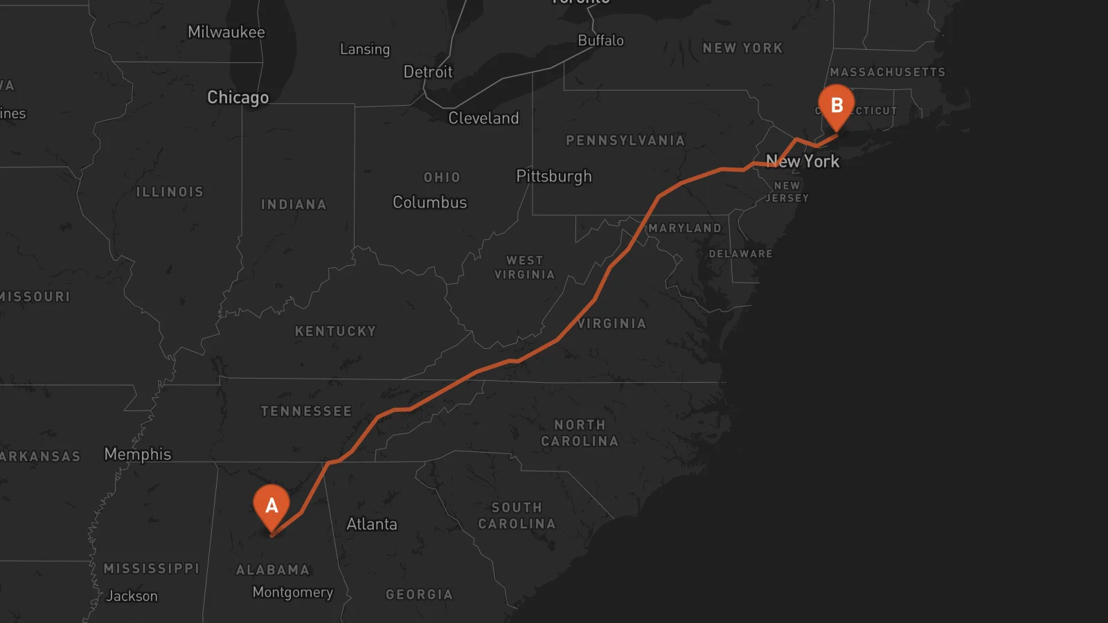 Ruta Bridgeport - Birmingham