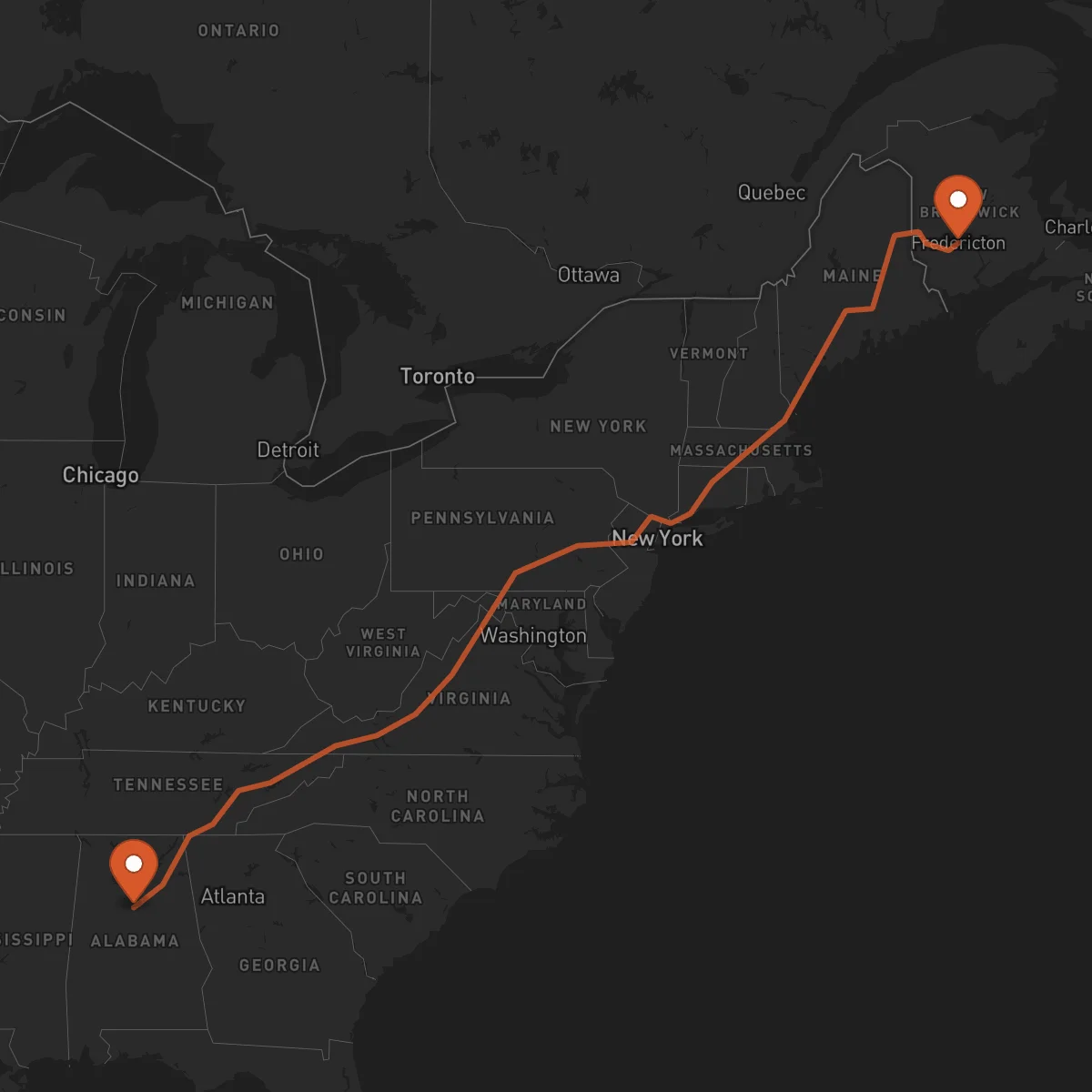 Ruta Birmingham - Fredericton