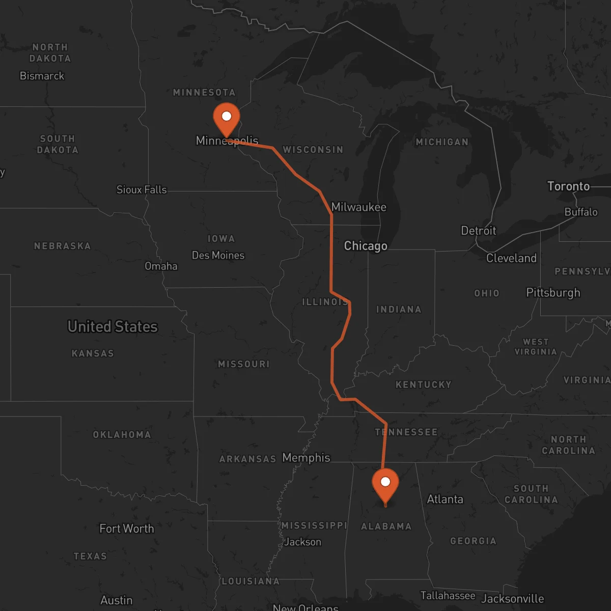 Ruta Minneapolis - Birmingham