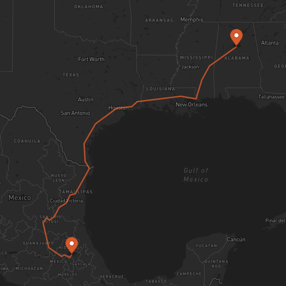 Ruta Pachuca de Soto - Birmingham