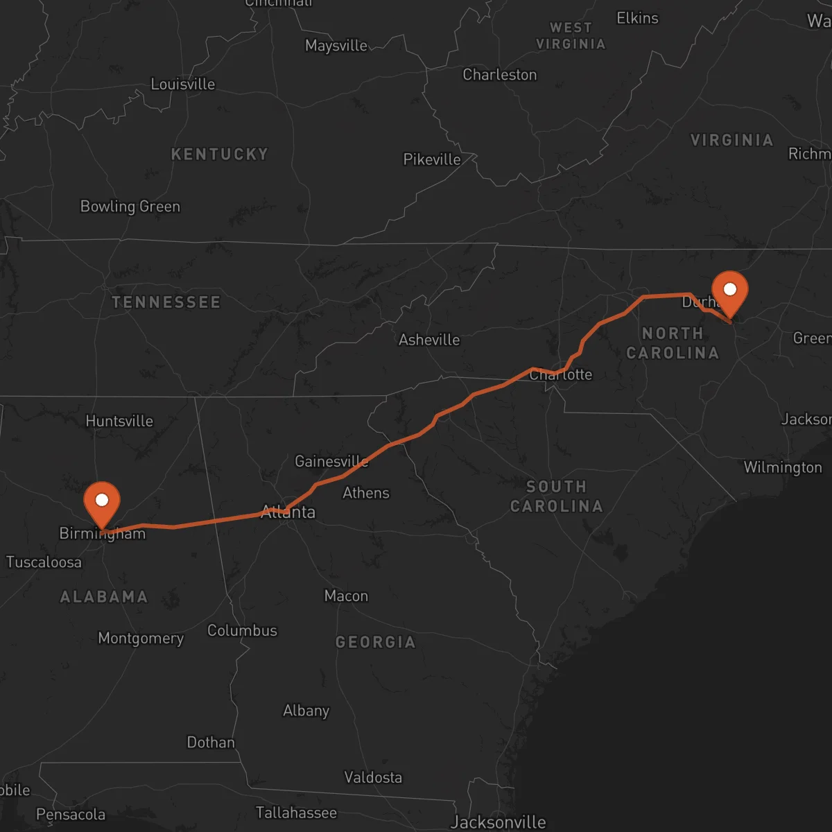 Ruta Birmingham - Raleigh