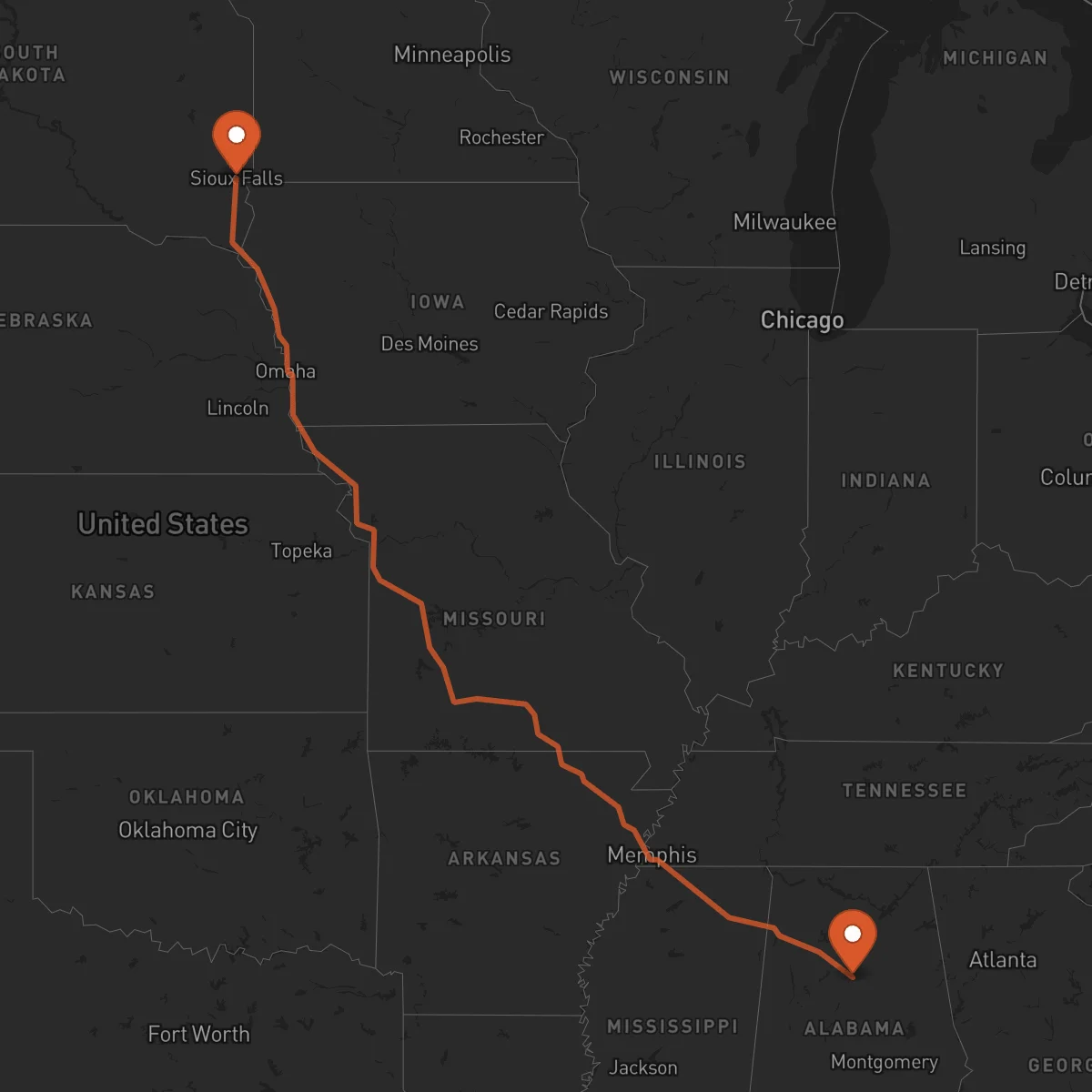 Ruta Birmingham - Sioux Falls