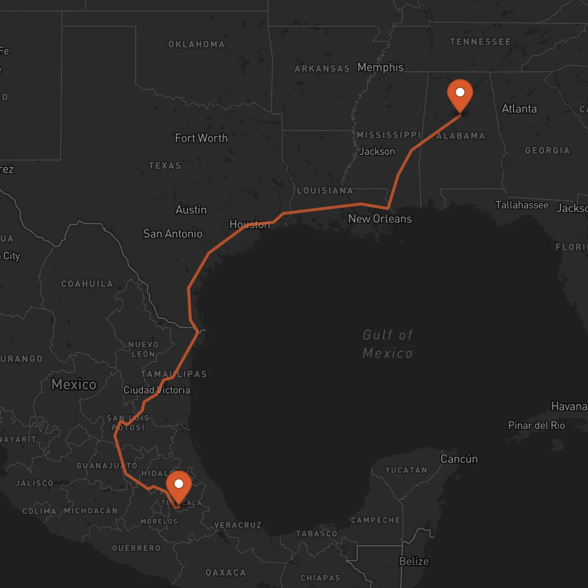 Ruta Birmingham - Tlaxcala de Xicohténcatl