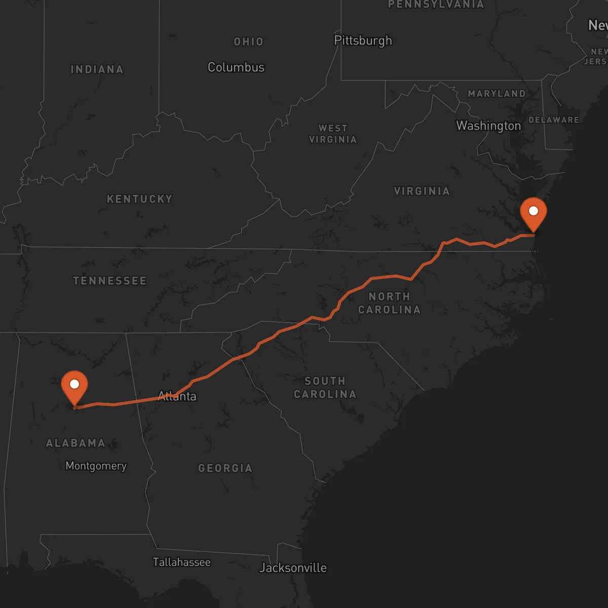 Ruta Virginia Beach - Birmingham