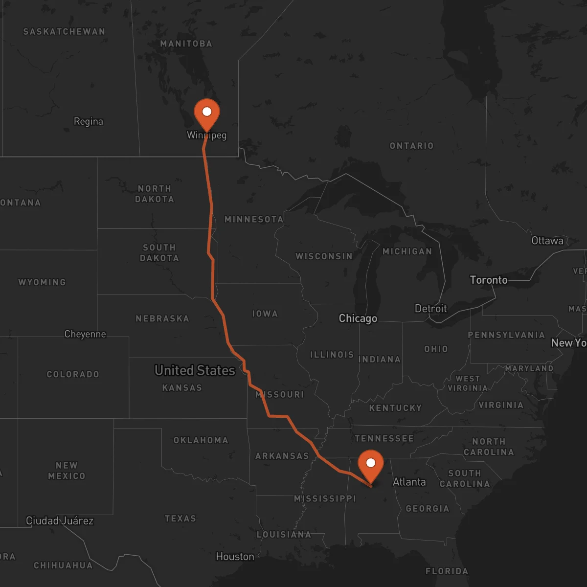 Ruta Birmingham - Winnipeg