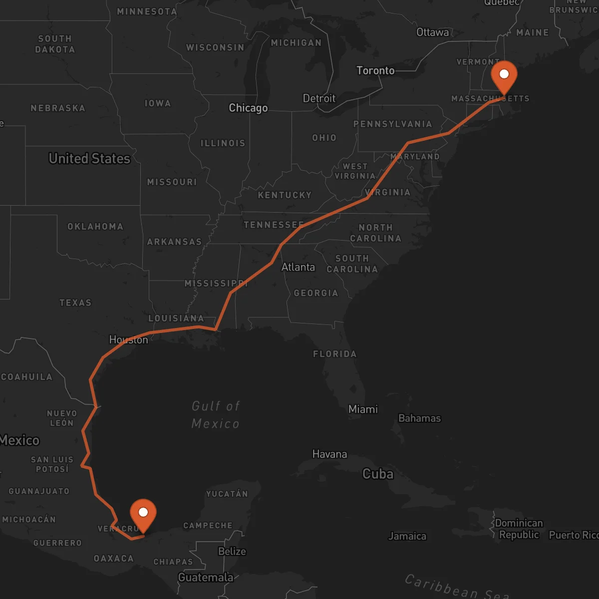 Ruta Boston - Coatzacoalcos