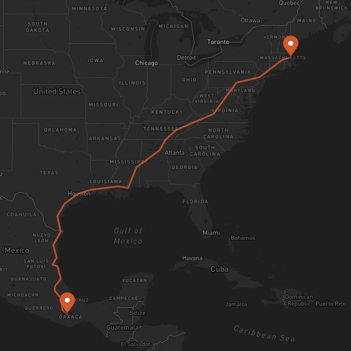 Ruta Oaxaca de Juárez - Boston