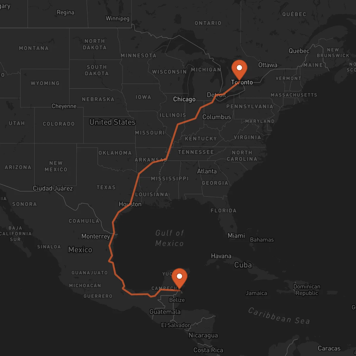 Ruta Brampton - Chetumal