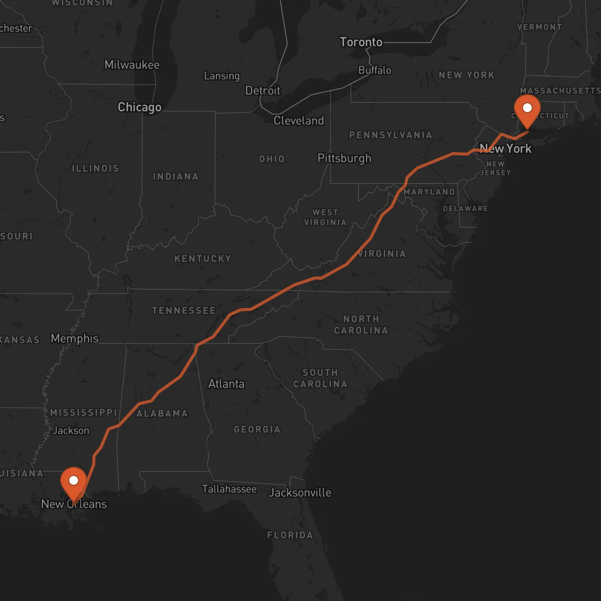 Ruta Bridgeport - New Orleans