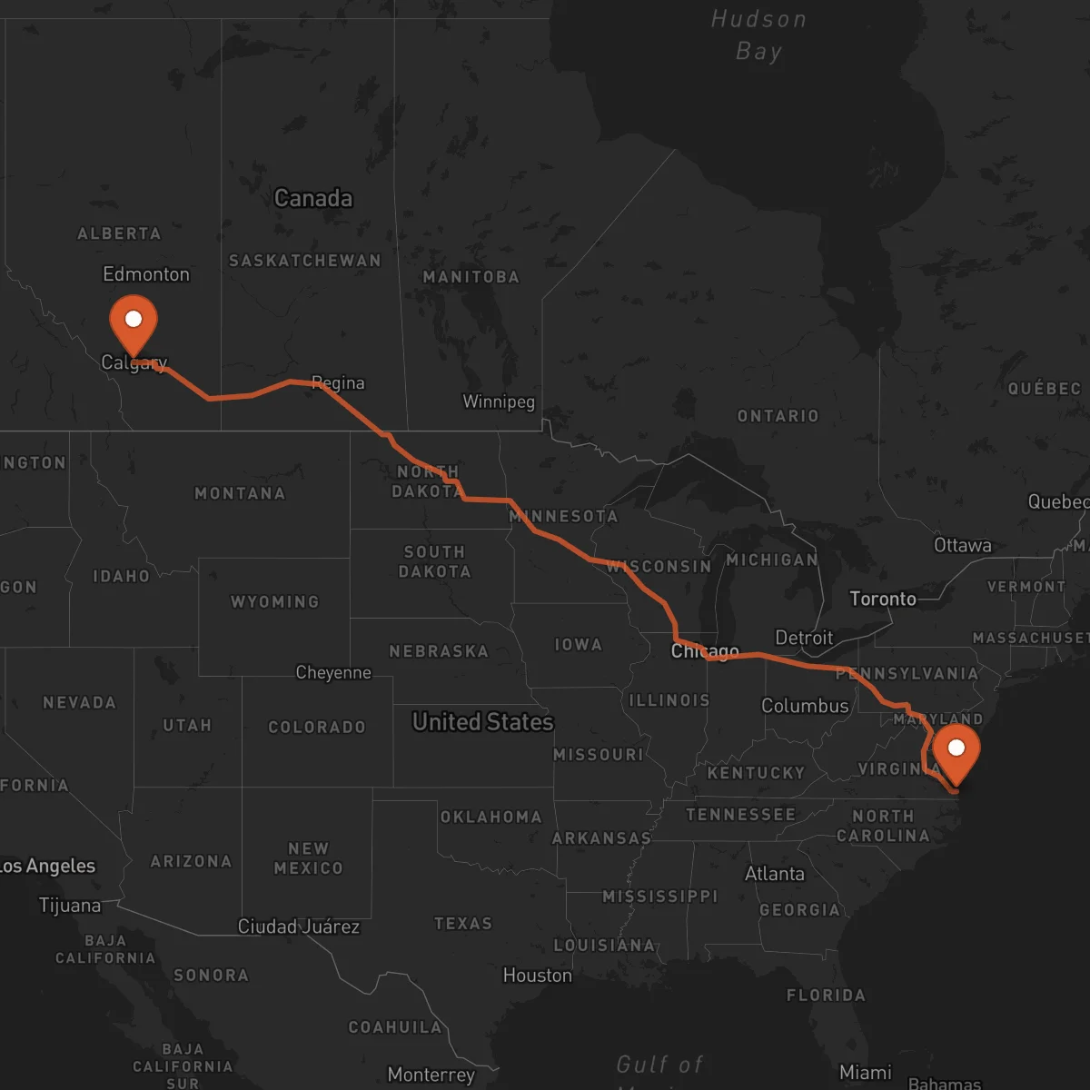 Ruta Virginia Beach - Calgary
