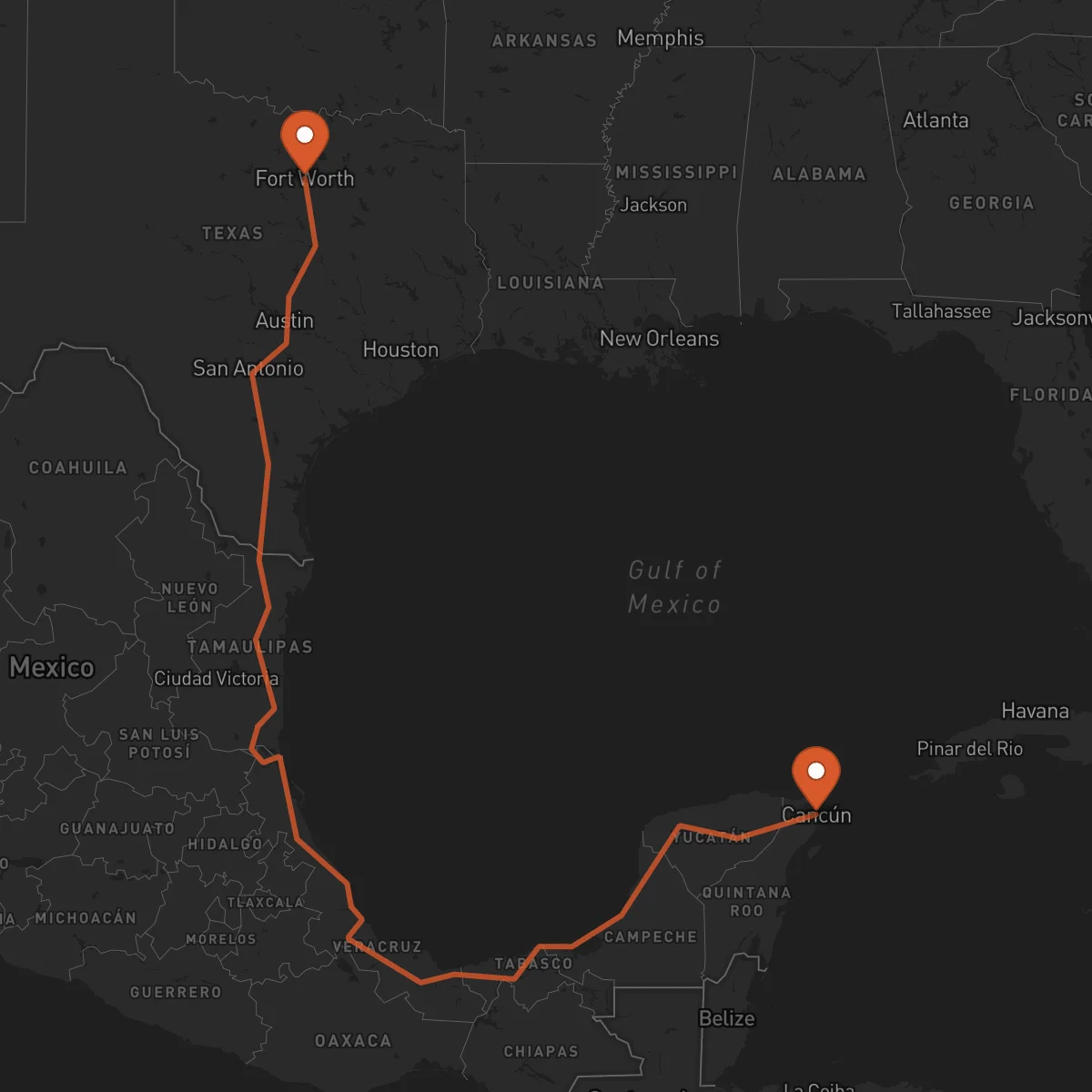 Ruta Fort Worth - Cancún