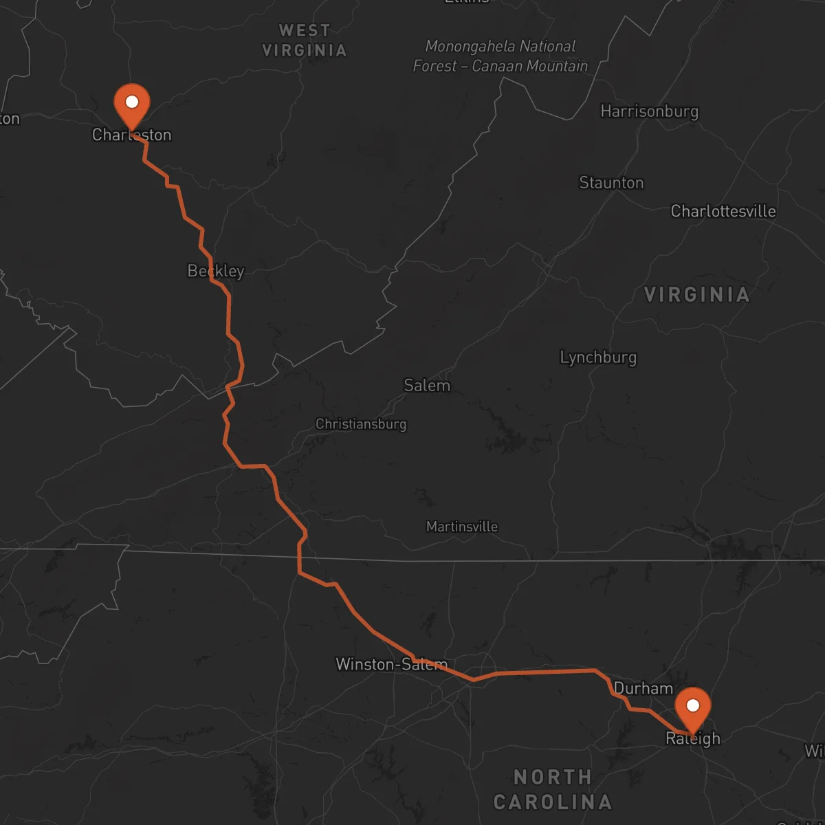 Ruta Charleston - Raleigh