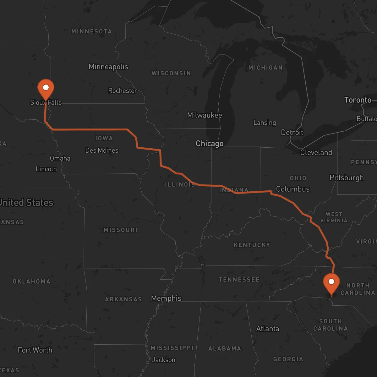 Ruta Sioux Falls - Charlotte