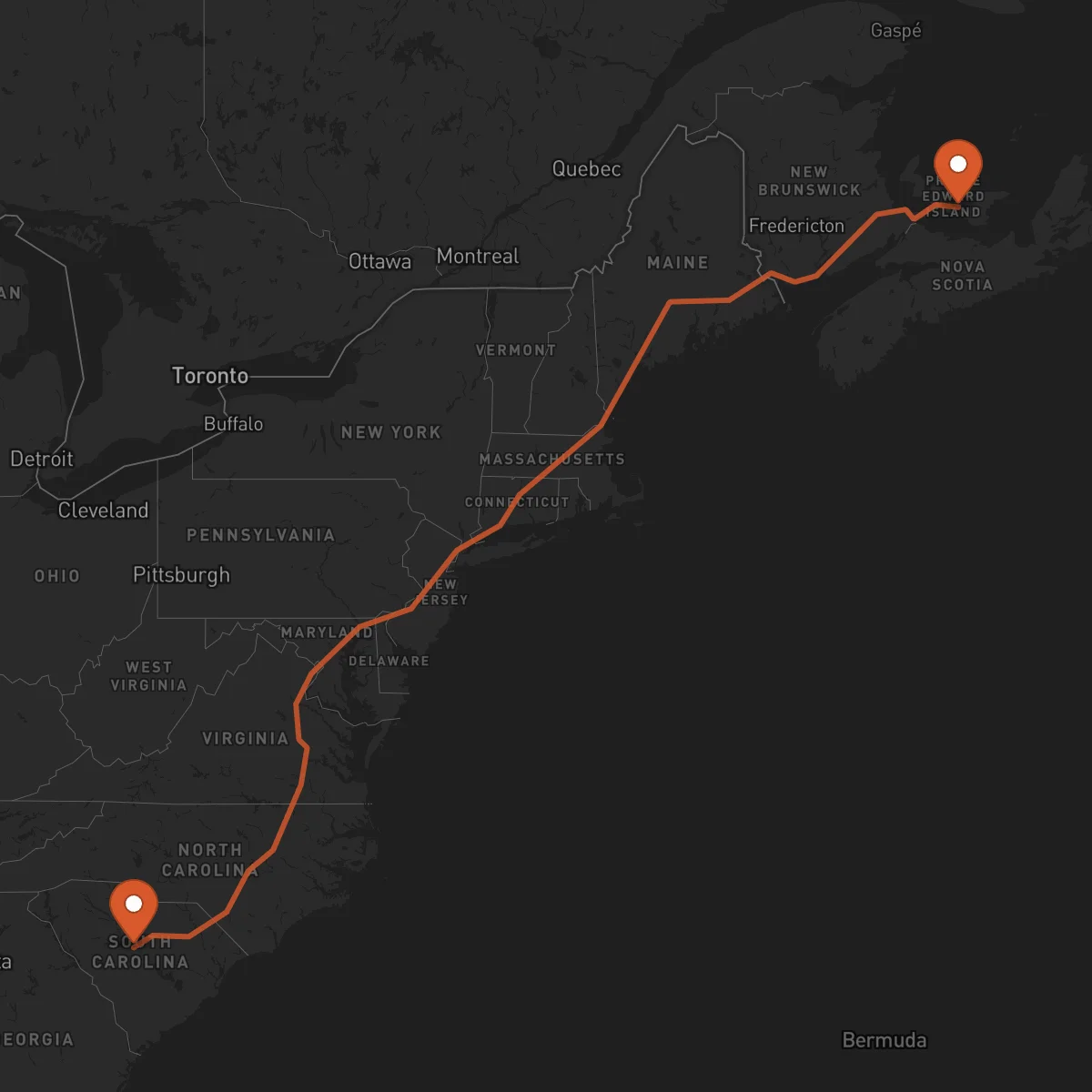 Ruta Charlottetown - Columbia