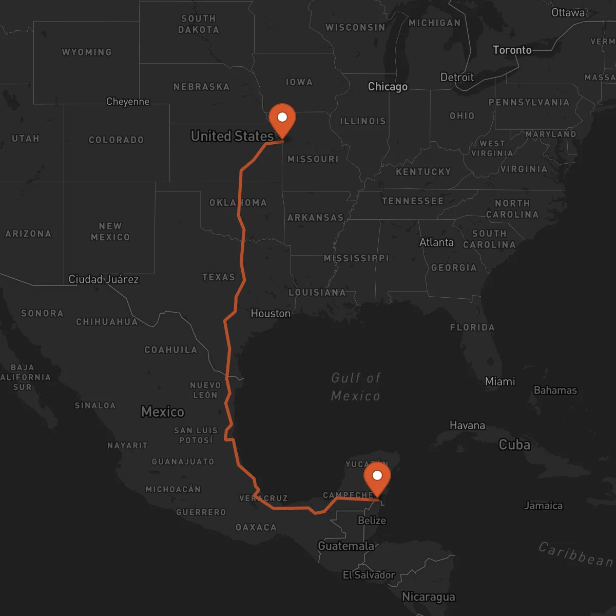 Ruta Kansas City - Chetumal