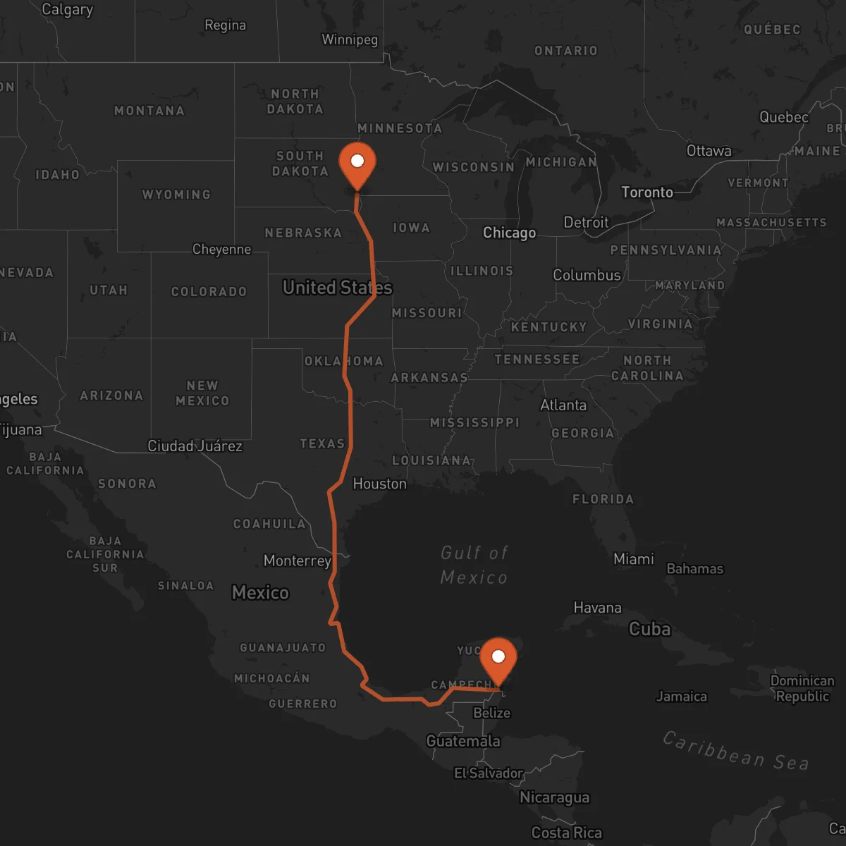 Ruta Chetumal - Sioux Falls