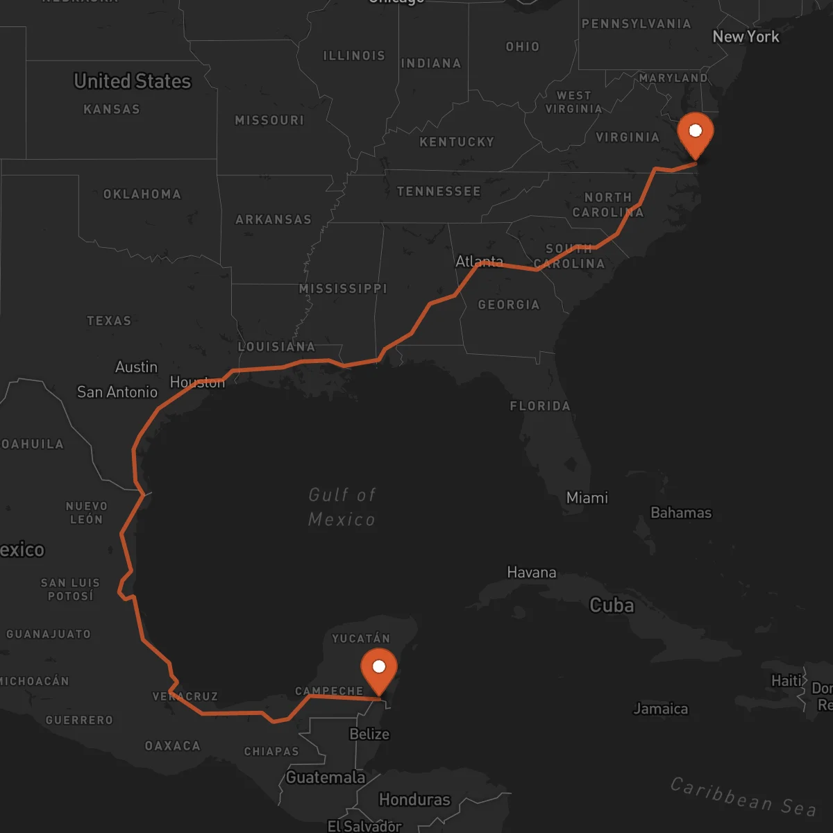 Ruta Virginia Beach - Chetumal