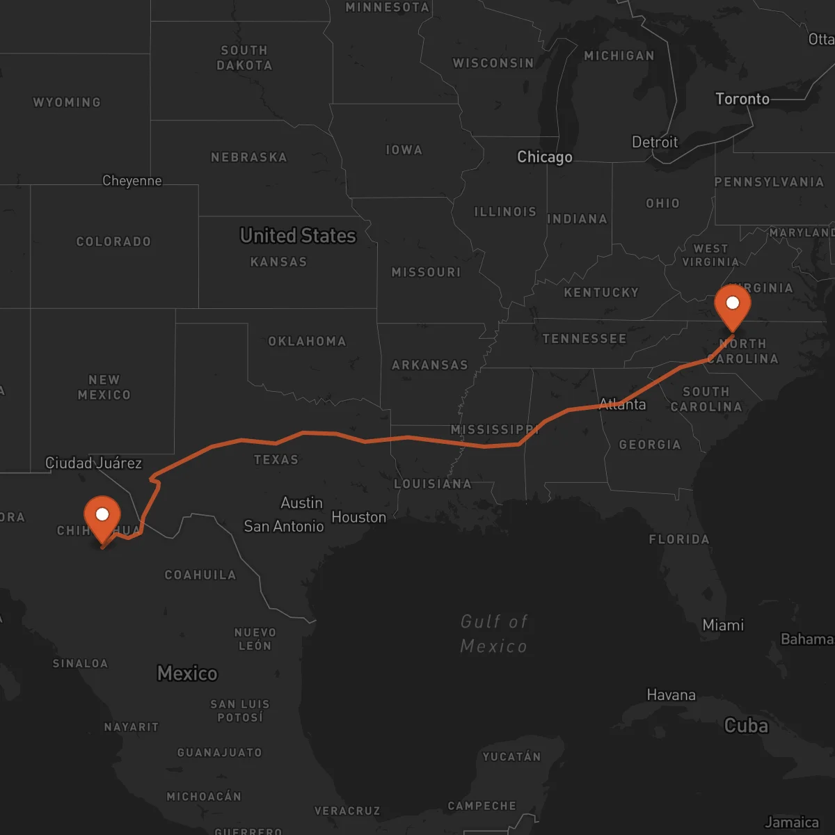 Ruta Greensboro - Chihuahua