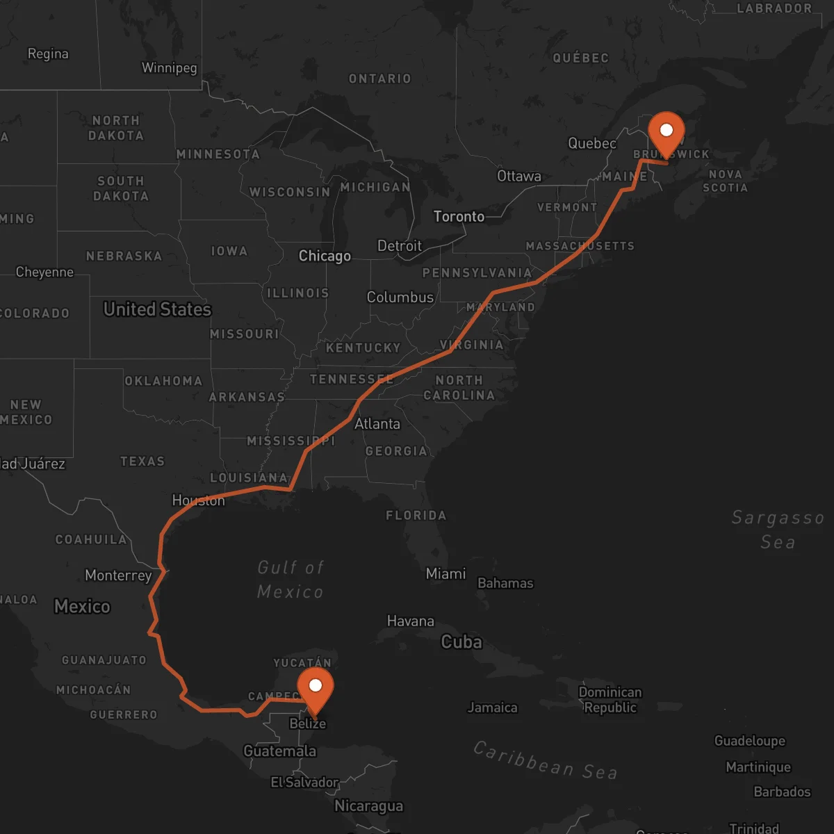 Ruta Ciudad de Belice - Fredericton