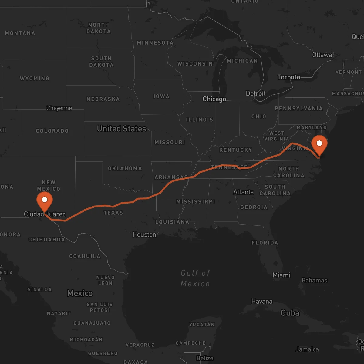 Ruta Virginia Beach - Ciudad Juárez