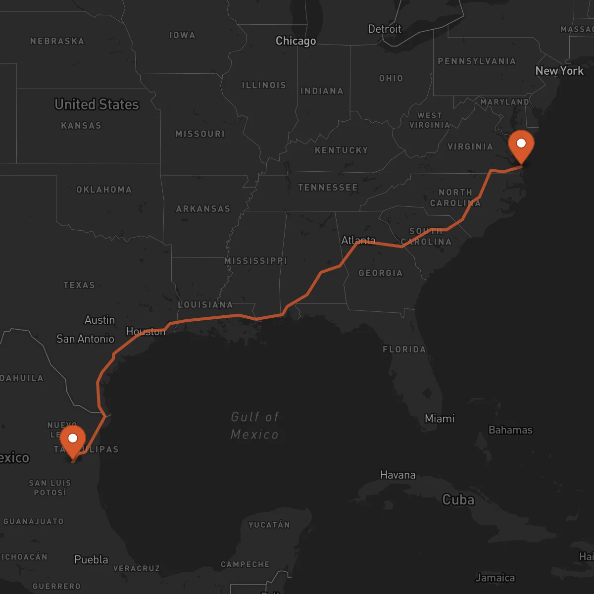Ruta Virginia Beach - Ciudad Victoria