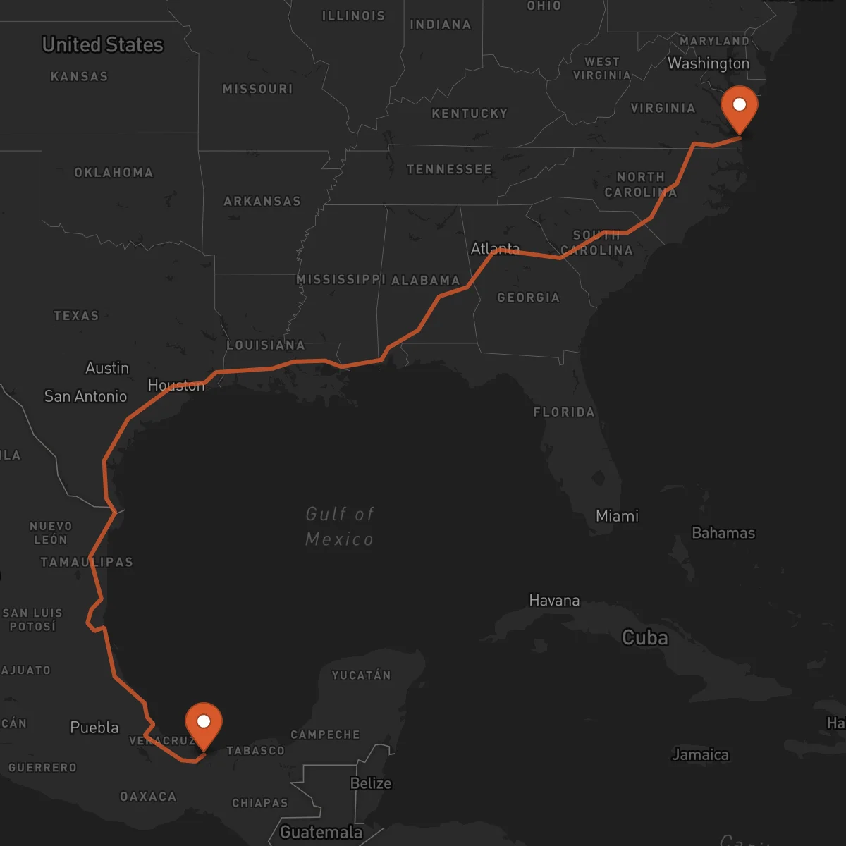 Ruta Coatzacoalcos - Virginia Beach