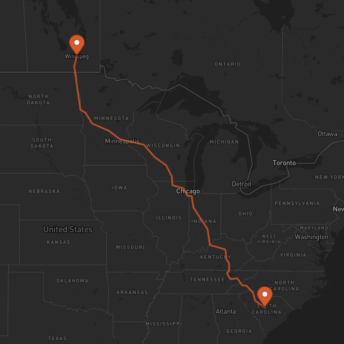 Ruta Winnipeg - Columbia