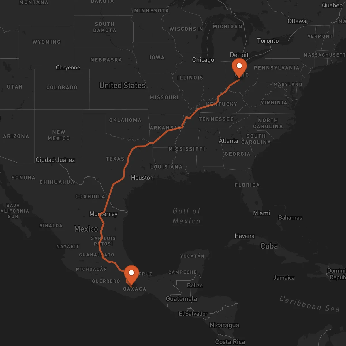 Ruta Oaxaca de Juárez - Columbus