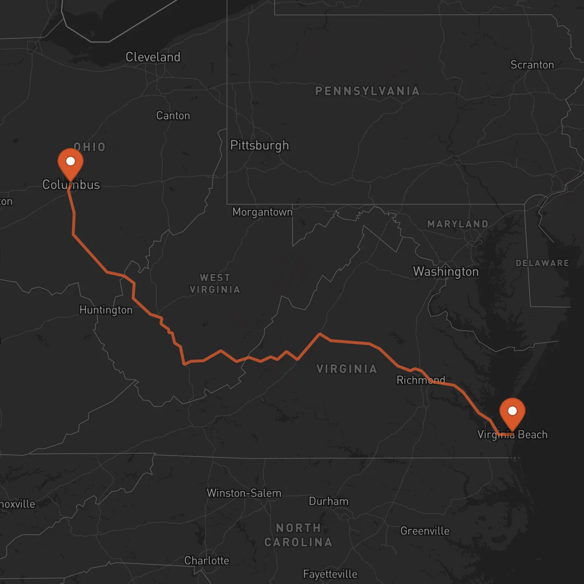 Ruta Virginia Beach - Columbus