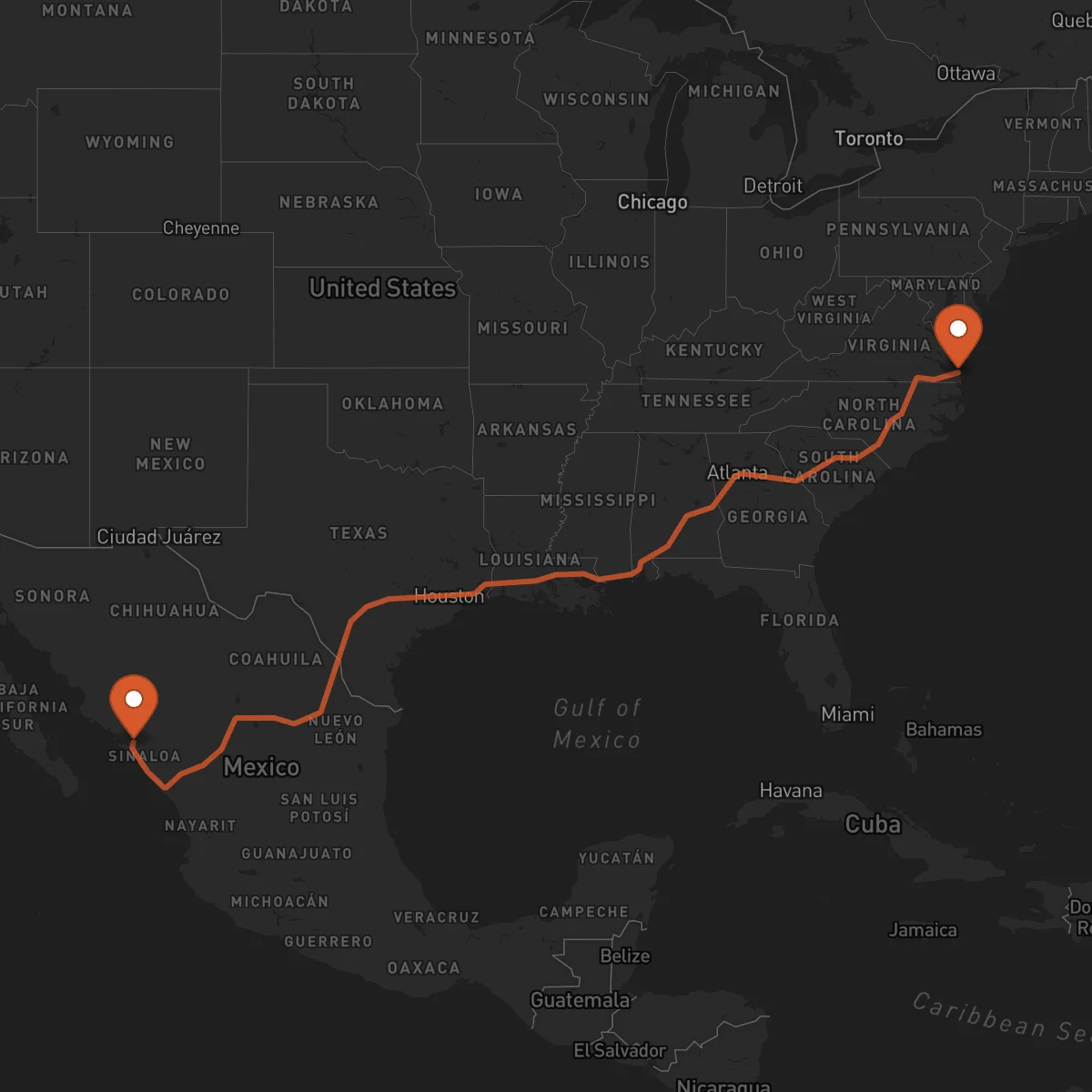 Ruta Virginia Beach - Culiacán Rosales