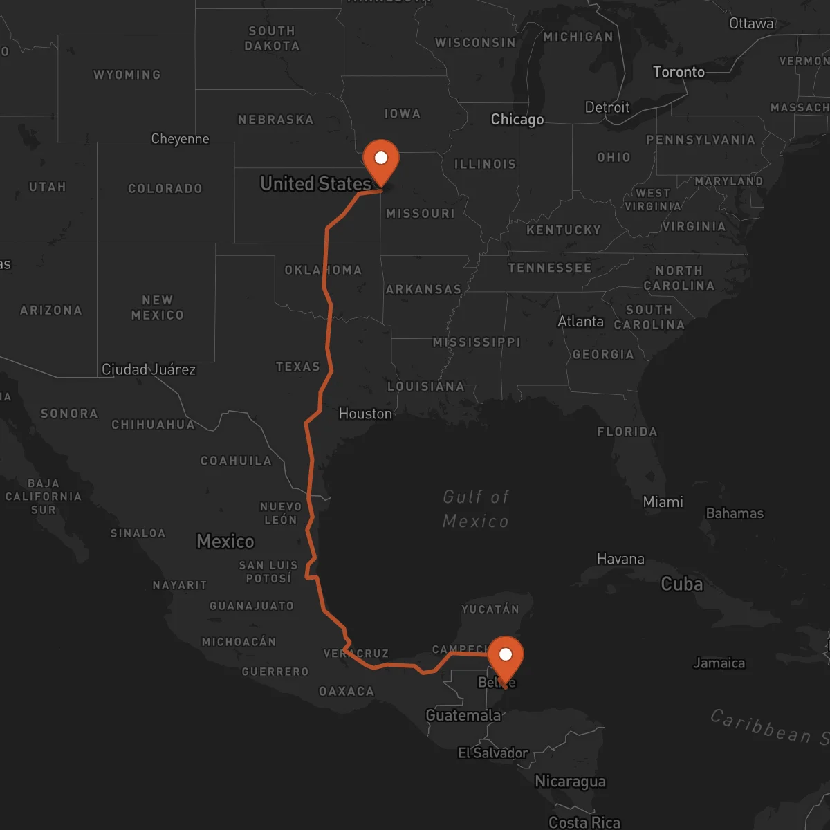 Ruta Kansas City - Dangriga