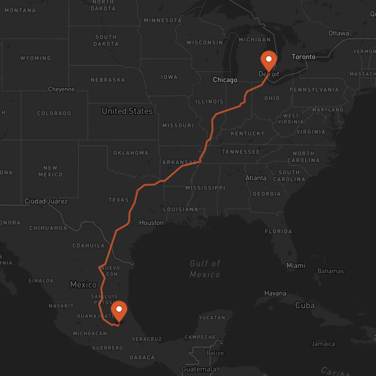 Ruta Pachuca de Soto - Detroit