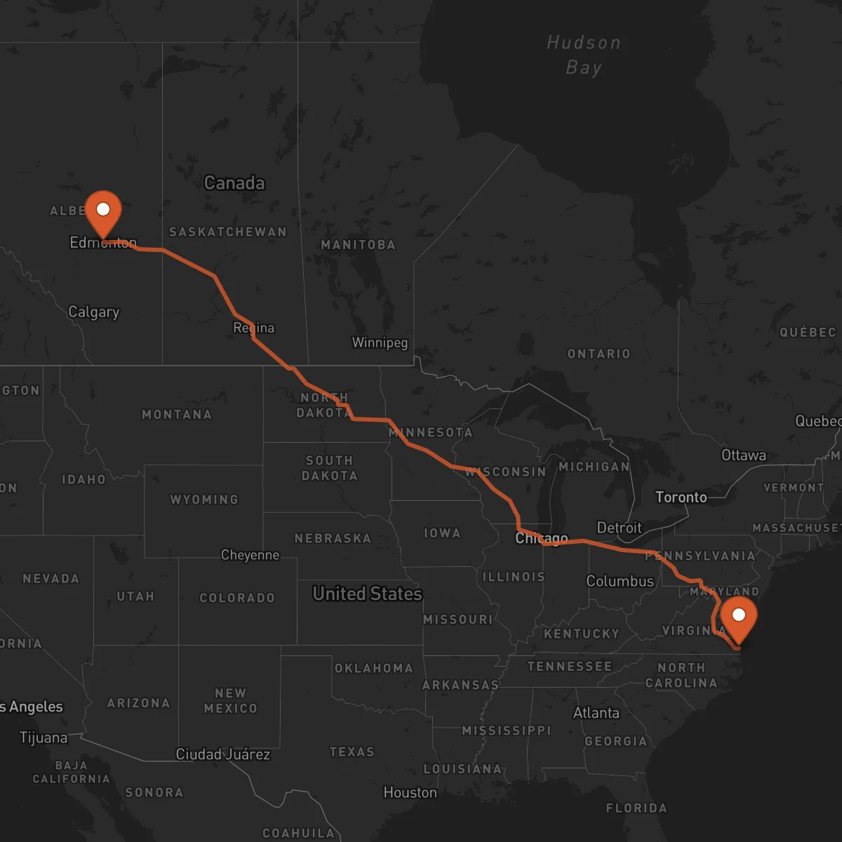 Ruta Edmonton - Virginia Beach