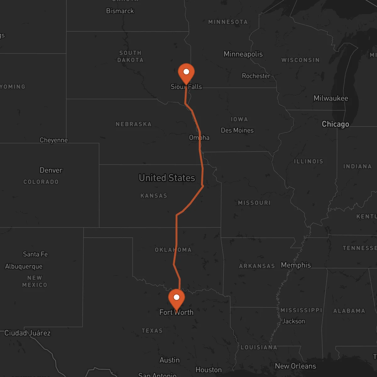 Ruta Sioux Falls - Fort Worth