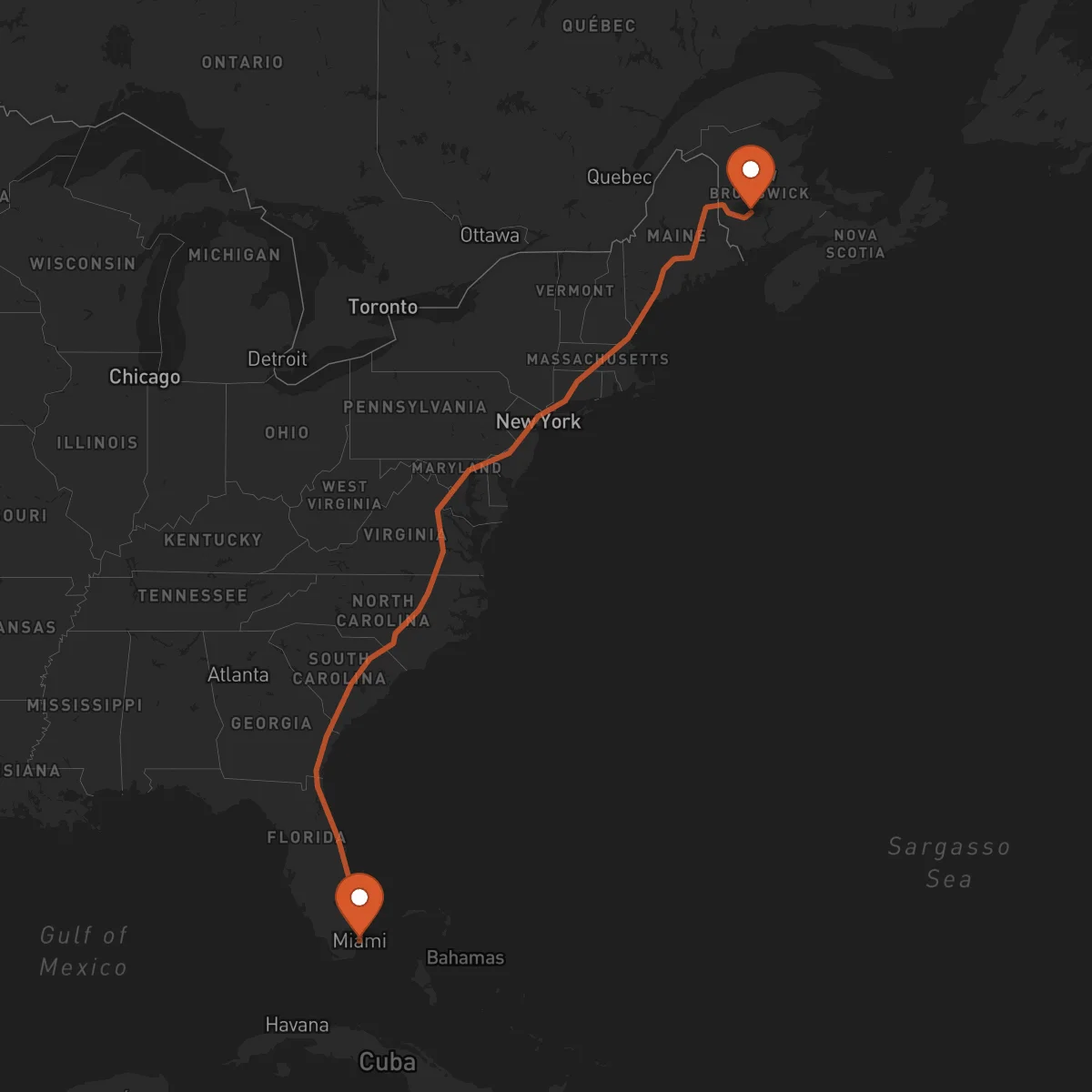 Ruta Miami - Fredericton