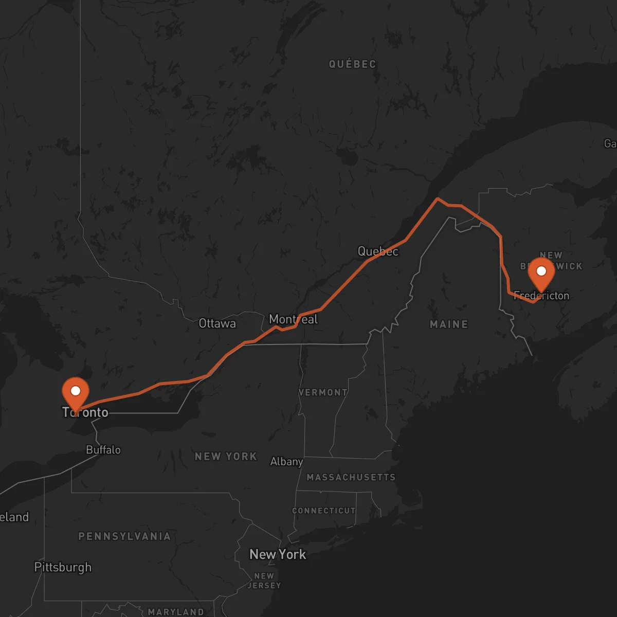 Ruta Fredericton - Mississauga