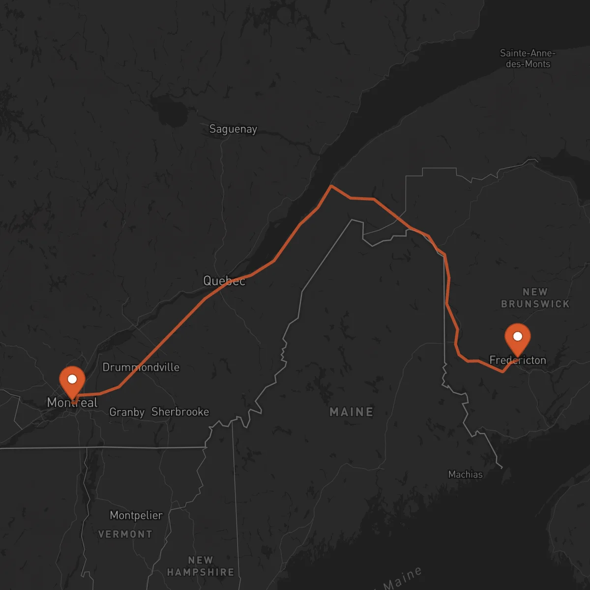 Ruta Fredericton - Montreal