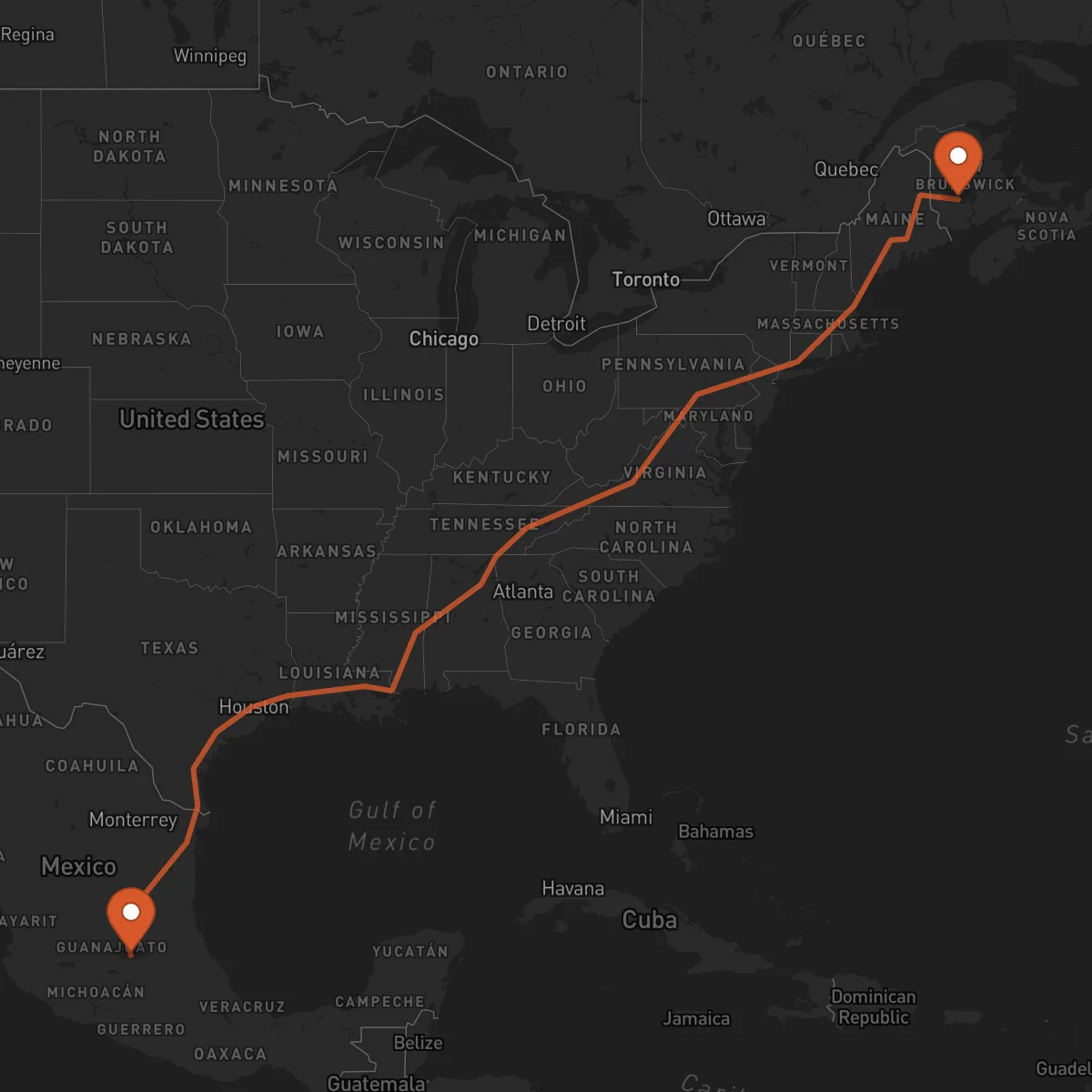 Ruta Santiago de Querétaro - Fredericton