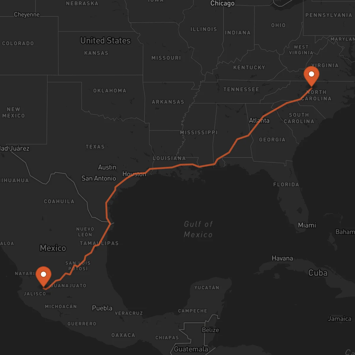 Ruta Greensboro - Guadalajara